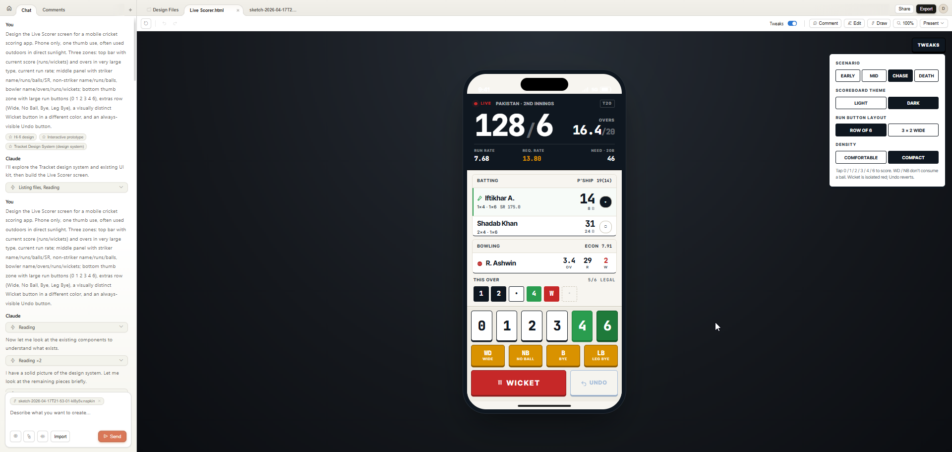 Tracket live scorer screen